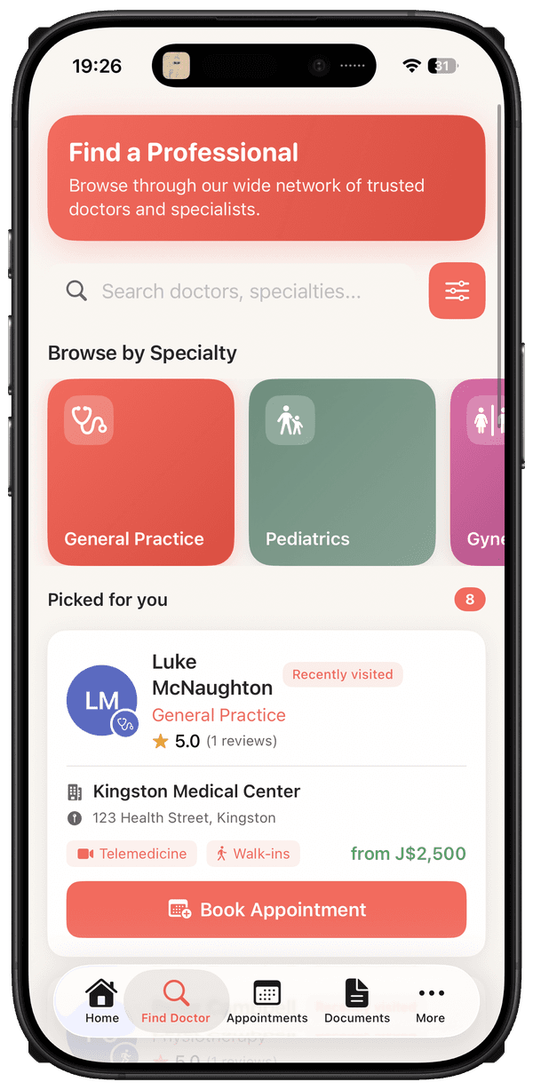 NearCare Find a doctor screen, browsing specialists by specialty