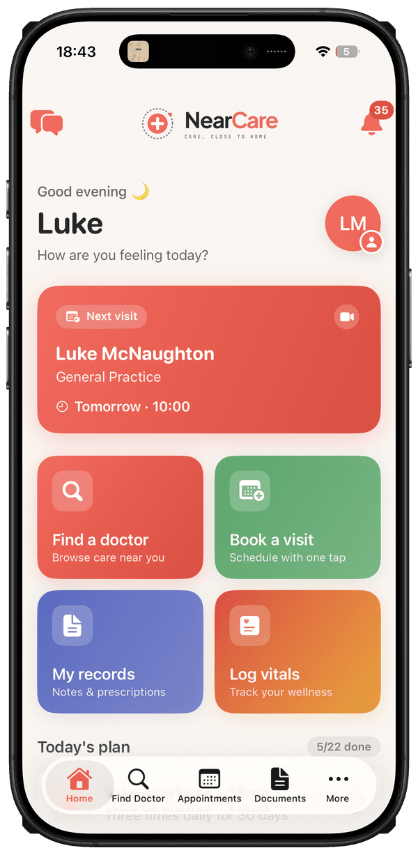 NearCare home screen with the next visit and quick actions